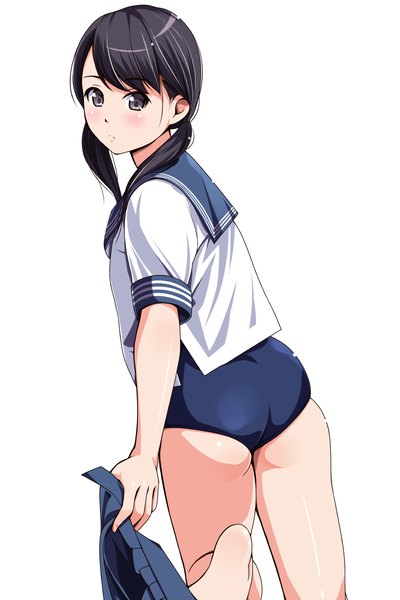 Anime picture 800x1200 with original matsunaga kouyou single long hair tall image blush blue eyes light erotic black hair simple background white background twintails girl uniform swimsuit serafuku one-piece swimsuit school swimsuit