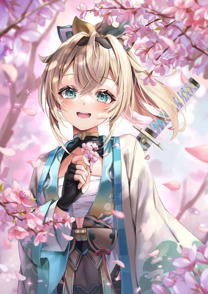 Anime picture 1447x2047 with virtual youtuber hololive kazama iroha kazama iroha (1st costume) akami770 single long hair tall image looking at viewer blush fringe open mouth blue eyes blonde hair smile hair between eyes holding payot upper body outdoors