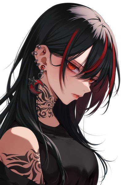 Anime picture 722x1101 with original mekariruwii single long hair tall image looking at viewer fringe open mouth black hair simple background hair between eyes white background upper body multicolored hair off shoulder two-tone hair orange eyes tattoo streaked hair piercing