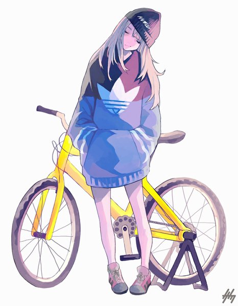 Anime picture 744x957 with original adidas nanakawa (nanasoon) single long hair tall image simple background blonde hair smile standing white background signed eyes closed head tilt hands in pockets casual girl ground vehicle cap bicycle