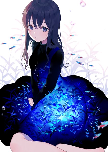 Anime picture 706x1000 with original achiki single long hair tall image fringe breasts blue eyes black hair simple background hair between eyes white background sitting payot looking away long sleeves parted lips surreal girl dress