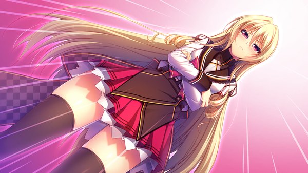 Anime picture 1280x720 with kimi to koi suru gakuen kissa single long hair blush blonde hair wide image purple eyes game cg girl thighhighs uniform black thighhighs school uniform