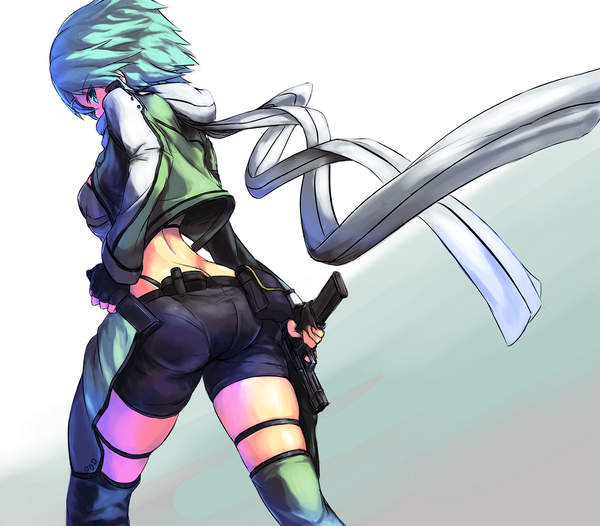 Anime picture 1700x1491 with sword art online a-1 pictures asada shino tsukira (amayadori) single short hair light erotic simple background green eyes ass looking back green hair from behind midriff girl gloves weapon shorts scarf fingerless gloves