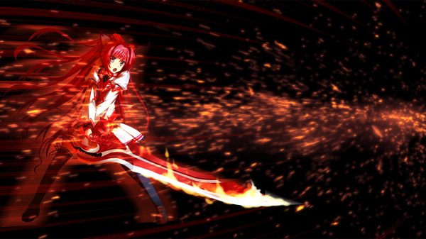 Anime picture 1280x720 with koiken otome yasukuni akane tateha (marvelous grace) long hair open mouth red eyes wide image game cg ponytail red hair magic girl thighhighs uniform weapon black thighhighs school uniform sword