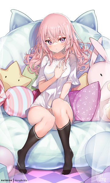 Anime picture 601x1000 with sono bisque doll wa koi wo suru cloverworks inui sajuna hong (white spider) single long hair tall image blush fringe light erotic hair between eyes sitting purple eyes signed pink hair full body embarrassed no shoes girl socks