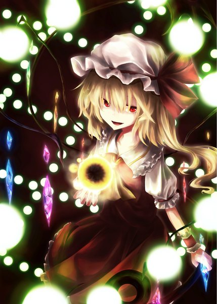 Anime picture 1296x1812 with touhou flandre scarlet yushika single tall image short hair open mouth blonde hair red eyes girl wings bonnet crystal