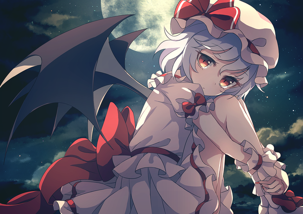 Anime picture 1600x1133 with touhou remilia scarlet dise single short hair red eyes sitting blue hair cloud (clouds) head tilt night short sleeves night sky frilled dress bat wings leg hug girl dress bow hat