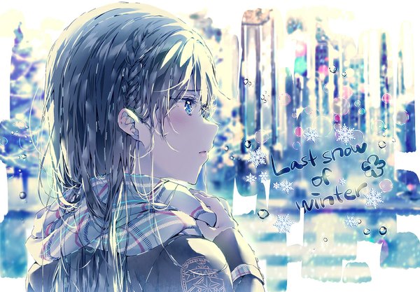 Anime picture 859x598 with dsmile single long hair blush fringe open mouth blue eyes black hair looking away braid (braids) inscription text snowing winter close-up snow english girl plant (plants) tree (trees)