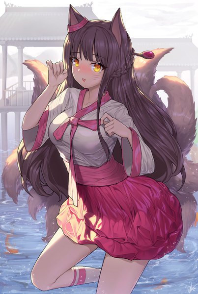 Anime picture 1800x2676 with league of legends ahri (league of legends) lee seok ho single long hair tall image looking at viewer blush fringe highres open mouth brown hair standing signed animal ears yellow eyes bent knee (knees) tail braid (braids) traditional clothes