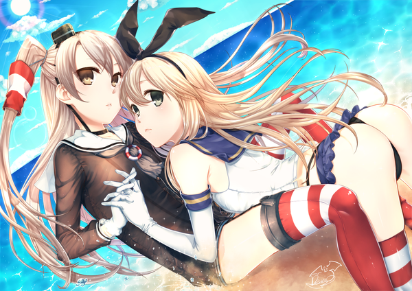 Anime picture 1754x1240 with kantai collection shimakaze destroyer amatsukaze destroyer debi (akuma) long hair highres light erotic blonde hair multiple girls brown eyes ass white hair two side up beach girl thighhighs skirt gloves underwear panties