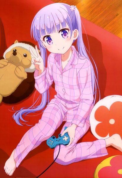 Anime picture 4088x5945 with new game! doga kobo nyantype suzukaze aoba single long hair tall image looking at viewer blush highres smile twintails purple eyes absurdres purple hair official art victory girl couch pajamas