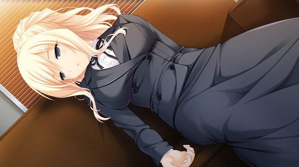 Anime picture 1280x720 with saimin yuugi mukawa rui sayori single long hair blue eyes blonde hair wide image sitting game cg double buttons girl couch buttons