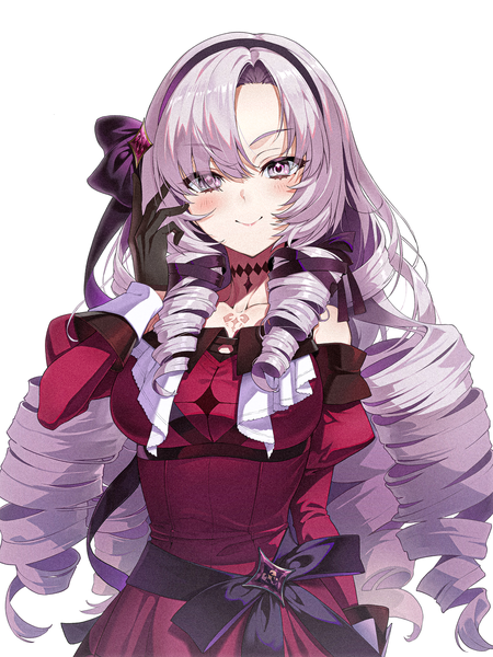 Anime picture 1800x2400 with virtual youtuber nijisanji hyakumantenbara salome hyakumantenbara salome (1st costume) kabu (niniko2ko) single long hair tall image looking at viewer blush fringe highres simple background smile white background purple eyes purple hair upper body drill hair girl