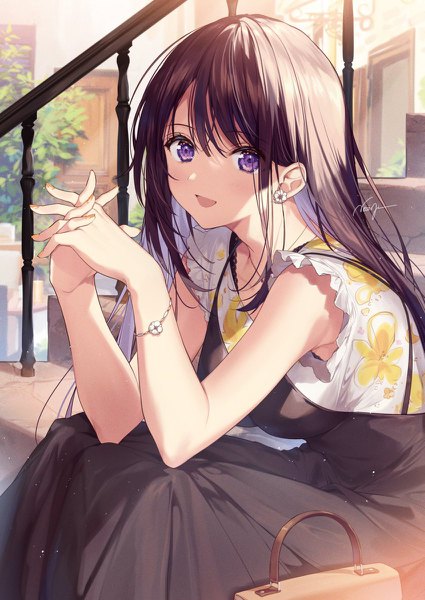 Anime picture 850x1200 with original necomi (gussan) single long hair tall image looking at viewer blush fringe open mouth smile hair between eyes brown hair sitting purple eyes signed outdoors nail polish :d multicolored hair fingernails