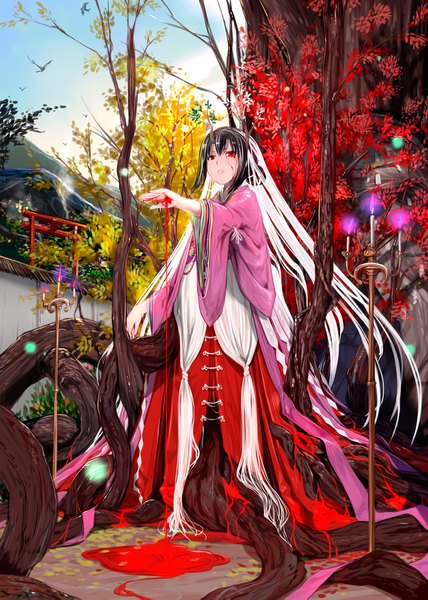 Anime picture 1200x1683 with original mikazuki akira single tall image looking at viewer fringe short hair black hair red eyes standing sky full body outdoors traditional clothes parted lips japanese clothes wide sleeves hair bun (hair buns) outstretched arm mountain