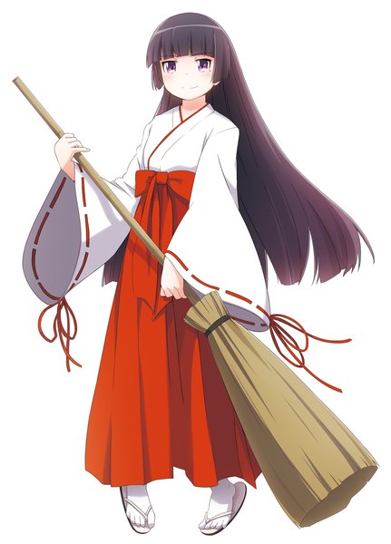 Anime picture 1000x1390 with ore no imouto ga konna ni kawaii wake ga nai gokou ruri suzumeko single long hair tall image looking at viewer fringe black hair simple background smile white background purple eyes blunt bangs traditional clothes japanese clothes miko girl broom