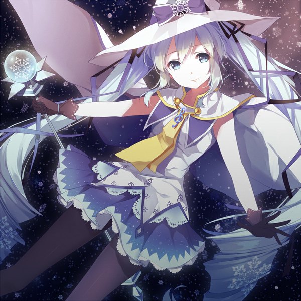 Anime picture 1000x1000 with vocaloid suki! yuki! maji magic (vocaloid) hatsune miku yuki miku yuki miku (2014) caidychen single looking at viewer blue eyes twintails very long hair aqua hair snowing girl dress gloves ribbon (ribbons) hat pantyhose black gloves