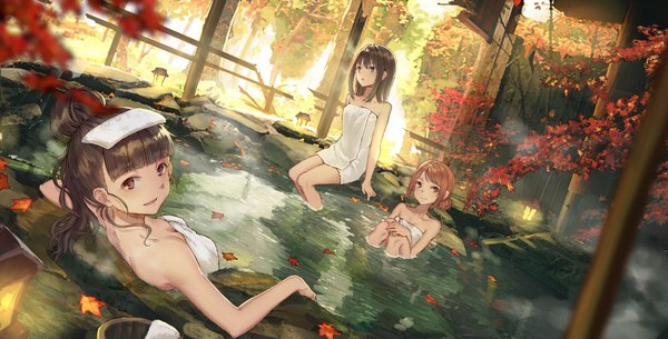 Anime picture 1776x903 with idolmaster idolmaster cinderella girls shibuya rin houjou karen kamiya nao roki (0214278) long hair looking at viewer fringe highres short hair breasts open mouth light erotic smile brown hair wide image bare shoulders multiple girls brown eyes