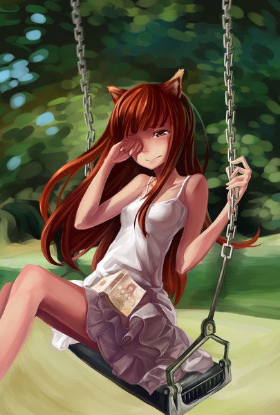 Anime picture 1578x2335 with spice and wolf horo xiamianliele (artist) single long hair tall image brown hair animal ears orange eyes girl sundress swing manga (object)