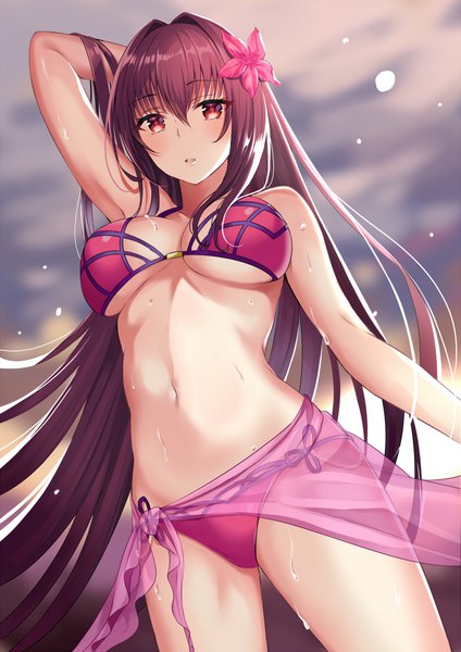 Anime picture 700x990 with fate (series) fate/grand order scathach (fate) (all) scathach (swimsuit assassin) (fate) harimoji single tall image looking at viewer blush fringe breasts open mouth light erotic hair between eyes red eyes large breasts standing payot cleavage purple hair