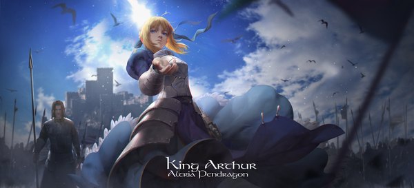 Anime picture 1754x800 with fate (series) fate/stay night studio deen type-moon artoria pendragon (all) saber lightofheaven looking at viewer highres short hair blue eyes blonde hair wide image sky cloud (clouds) wind army girl dress boy