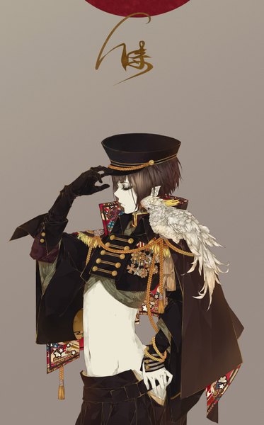 Anime picture 1000x1605 with original xiao gu single tall image short hair simple background brown hair eyes closed pointy ears hieroglyph boy navel uniform animal bird (birds) military uniform single glove peaked cap parrot medal