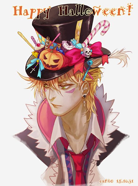 Anime picture 677x914 with jojo no kimyou na bouken caesar anthonio zeppeli canto single tall image short hair simple background blonde hair green eyes signed looking away from above grey background facial mark dated portrait halloween happy halloween boy earrings