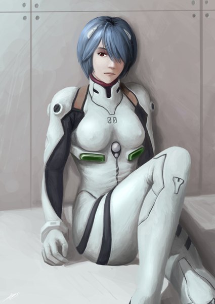 Anime picture 1024x1446 with neon genesis evangelion rebuild of evangelion evangelion: 2.0 you can (not) advance gainax ayanami rei okita single tall image fringe short hair sitting purple hair hair over one eye girl bodysuit pilot suit