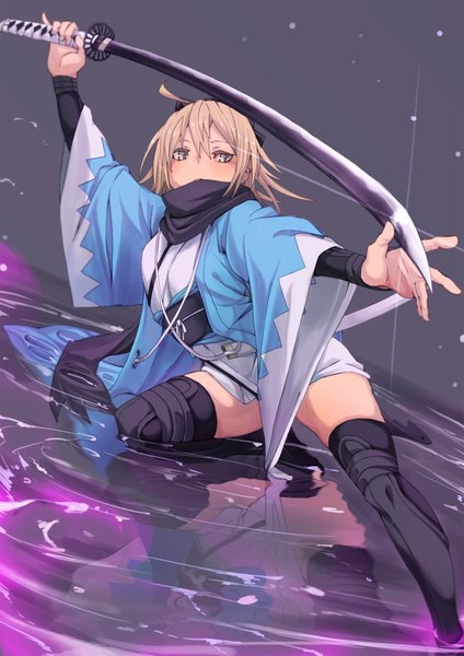 Anime picture 1654x2339 with fate (series) fate/grand order koha-ace okita souji (fate) (all) okita souji (koha-ace) fu-ta single tall image looking at viewer fringe short hair simple background blonde hair hair between eyes holding ahoge bent knee (knees) long sleeves traditional clothes japanese clothes