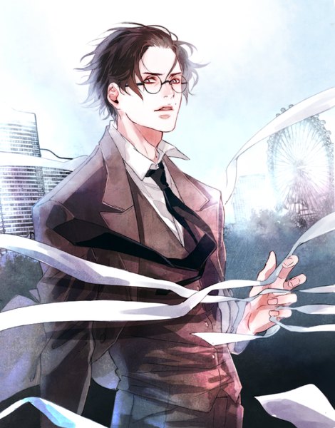 Anime picture 705x900 with bungou stray dogs studio bones sakaguchi ango saito yukihiro single tall image looking at viewer short hair brown hair standing sky upper body outdoors parted lips wind mole grey eyes formal boy shirt