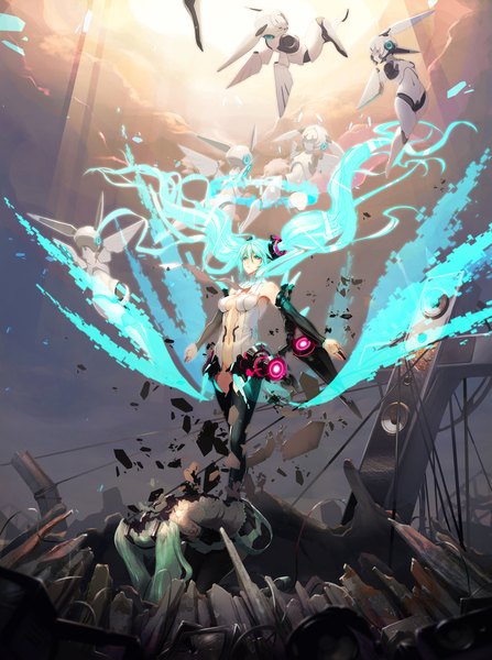 Anime picture 1489x2000 with vocaloid vocaloid append hatsune miku hatsune miku (append) tsunekun long hair tall image twintails green eyes blue hair aqua hair destruction girl thighhighs gloves elbow gloves wire (wires) torn thighhighs mecha speakers