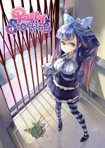 Anime picture 1080x1526 with panty & stocking with garterbelt anarchy stocking chuck 77gl long hair tall image looking at viewer fringe green eyes purple hair multicolored hair inscription two-tone hair looking up colored inner hair :< girl thighhighs dress bow