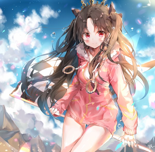 Anime picture 1000x982 with fate (series) fate/grand order ishtar (fate) ishtar (swimsuit rider) (fate) b rock single long hair looking at viewer blush fringe breasts light erotic smile red eyes brown hair holding outdoors leaning two side up pantyshot