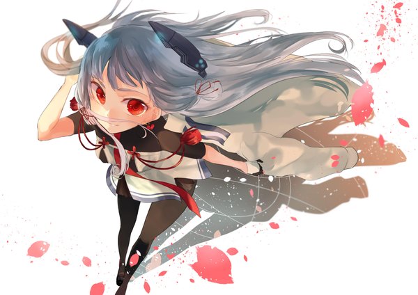 Anime picture 4051x2865 with kantai collection murakumo destroyer miwano rag single long hair looking at viewer fringe highres simple background red eyes standing white background absurdres from above wind grey hair shadow adjusting hair tress ribbon girl