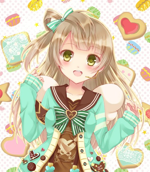 Anime picture 963x1108 with love live! school idol project sunrise (studio) love live! minami kotori shichiya kou single long hair tall image blush fringe breasts open mouth brown hair green eyes ahoge long sleeves arms up one side up sleeves past wrists happy