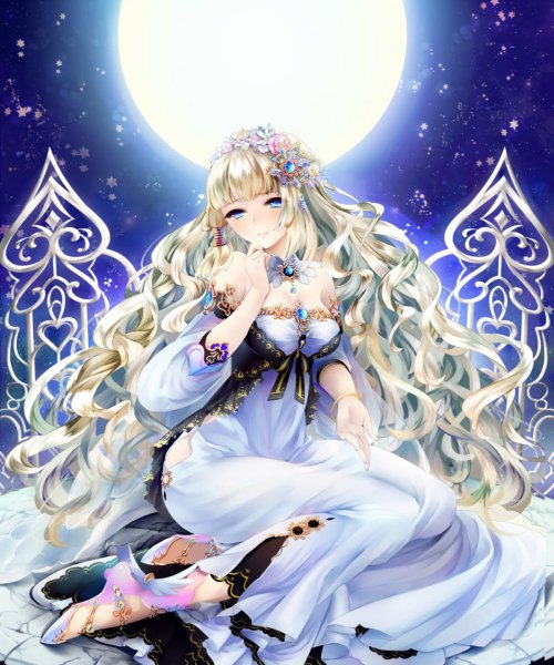 Anime picture 1000x1200 with original toi (4089597) single long hair tall image blush breasts blue eyes blonde hair large breasts bare shoulders night girl dress hair ornament bracelet moon jewelry collar full moon