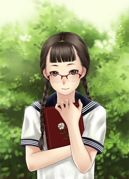 Anime picture 718x1000 with original luna2 single long hair tall image looking at viewer black hair braid (braids) black eyes girl uniform flower (flowers) glasses serafuku book (books)