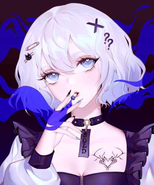 Anime picture 2000x2400 with original zaifan single tall image looking at viewer fringe highres short hair blue eyes simple background hair between eyes upper body white hair long sleeves nail polish head tilt fingernails tattoo black background symbol-shaped pupils