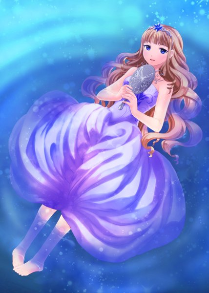 Anime picture 1600x2240 with original rye (yuetsuki) single long hair tall image looking at viewer open mouth blue eyes brown hair bare shoulders barefoot legs girl dress water tiara