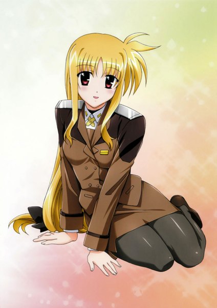 Anime picture 1200x1699 with mahou shoujo lyrical nanoha fate testarossa single long hair tall image simple background blonde hair red eyes sitting girl uniform bow hair bow