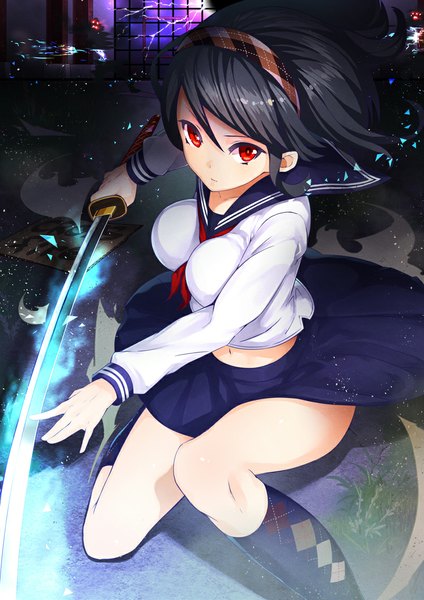 Anime picture 800x1131 with original pyz (cath x tech) single tall image looking at viewer short hair black hair red eyes glowing girl skirt weapon sword socks serafuku hairband katana black socks