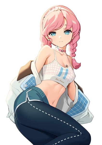 Anime picture 800x1131 with arknights blue poison (arknights) blue poison (shoal beat) (arknights) ett single long hair tall image looking at viewer fringe blue eyes light erotic simple background white background payot pink hair braid (braids) light smile off shoulder open jacket midriff