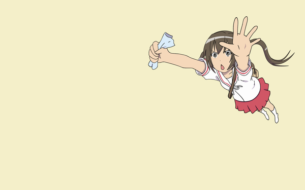 Anime picture 1600x1000 with minami-ke minami kana single long hair open mouth simple background brown hair wide image twintails brown eyes full body vector jumping girl socks white socks