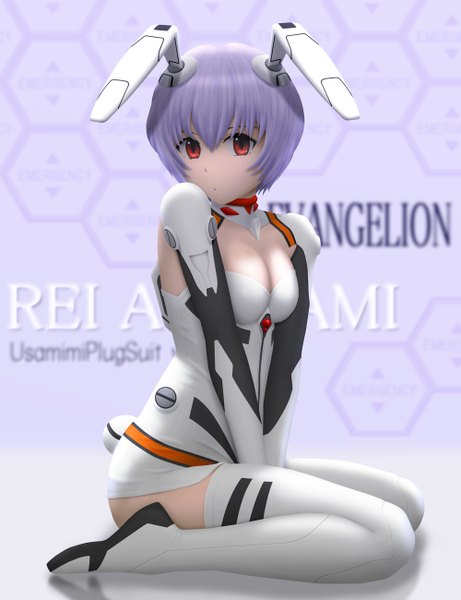Anime picture 1000x1300 with neon genesis evangelion gainax ayanami rei siraha single tall image short hair light erotic red eyes sitting purple hair bunny ears 3d girl thigh boots bodysuit