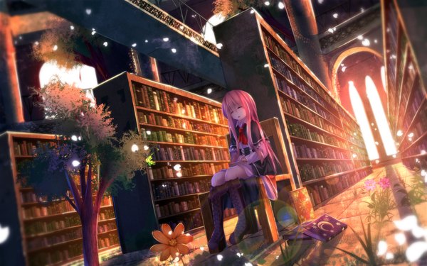 Anime picture 2000x1250 with original kgynu single long hair fringe highres open mouth sitting pink hair bent knee (knees) indoors eyes closed sunlight shadow sleeping lacing girl dress flower (flowers) plant (plants)
