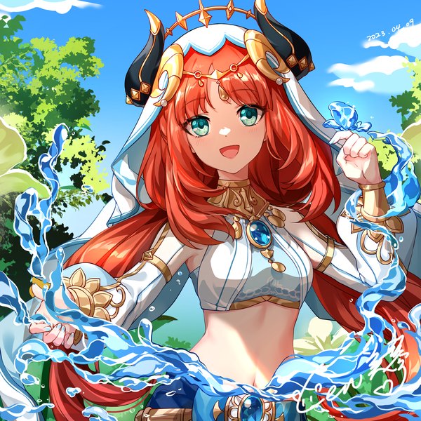 Anime picture 2000x2000 with genshin impact nilou (genshin impact) cen (cenll) single long hair looking at viewer blush fringe highres breasts open mouth smile twintails bare shoulders sky cloud (clouds) upper body red hair blunt bangs long sleeves