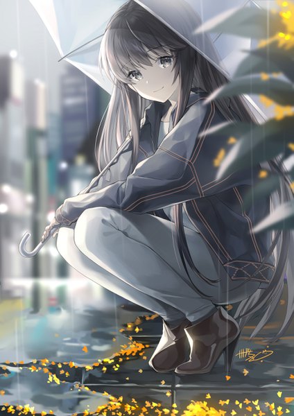 Anime picture 1767x2500 with original kagachi saku single long hair tall image looking at viewer fringe highres smile hair between eyes holding signed full body outdoors long sleeves grey hair blurry open jacket grey eyes high heels