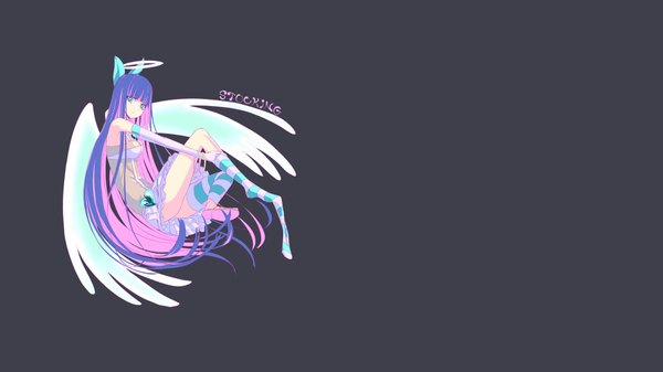 Anime picture 1920x1080 with panty & stocking with garterbelt anarchy stocking single long hair highres simple background wide image purple hair multicolored hair colored inner hair dressing girl thighhighs dress wings halo striped thighhighs