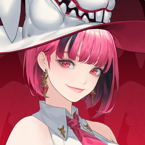 Anime picture 4000x4000 with original ake (cherrylich) single looking at viewer highres short hair smile pink hair absurdres pink eyes multicolored hair two-tone hair portrait pink background girl hat earrings necktie