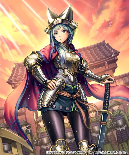 Anime picture 1000x1200 with original anbe yoshirou single long hair tall image looking at viewer blue eyes blue hair sky cloud (clouds) hand on hip girl weapon sword katana helmet armored dress